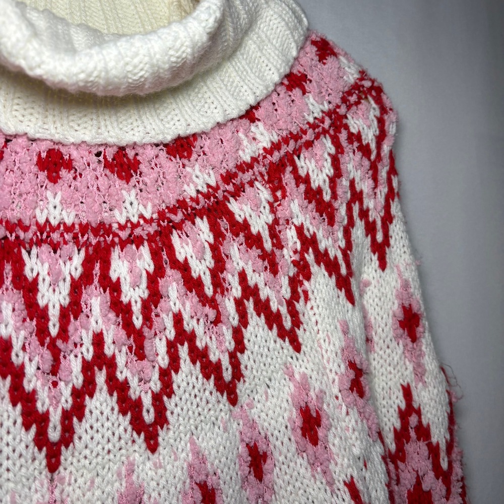 NWT Francesca's LS Fair Isle Cowl Neck Knit Sweater Dress White Red Pink Medium - Picture 3 of 10